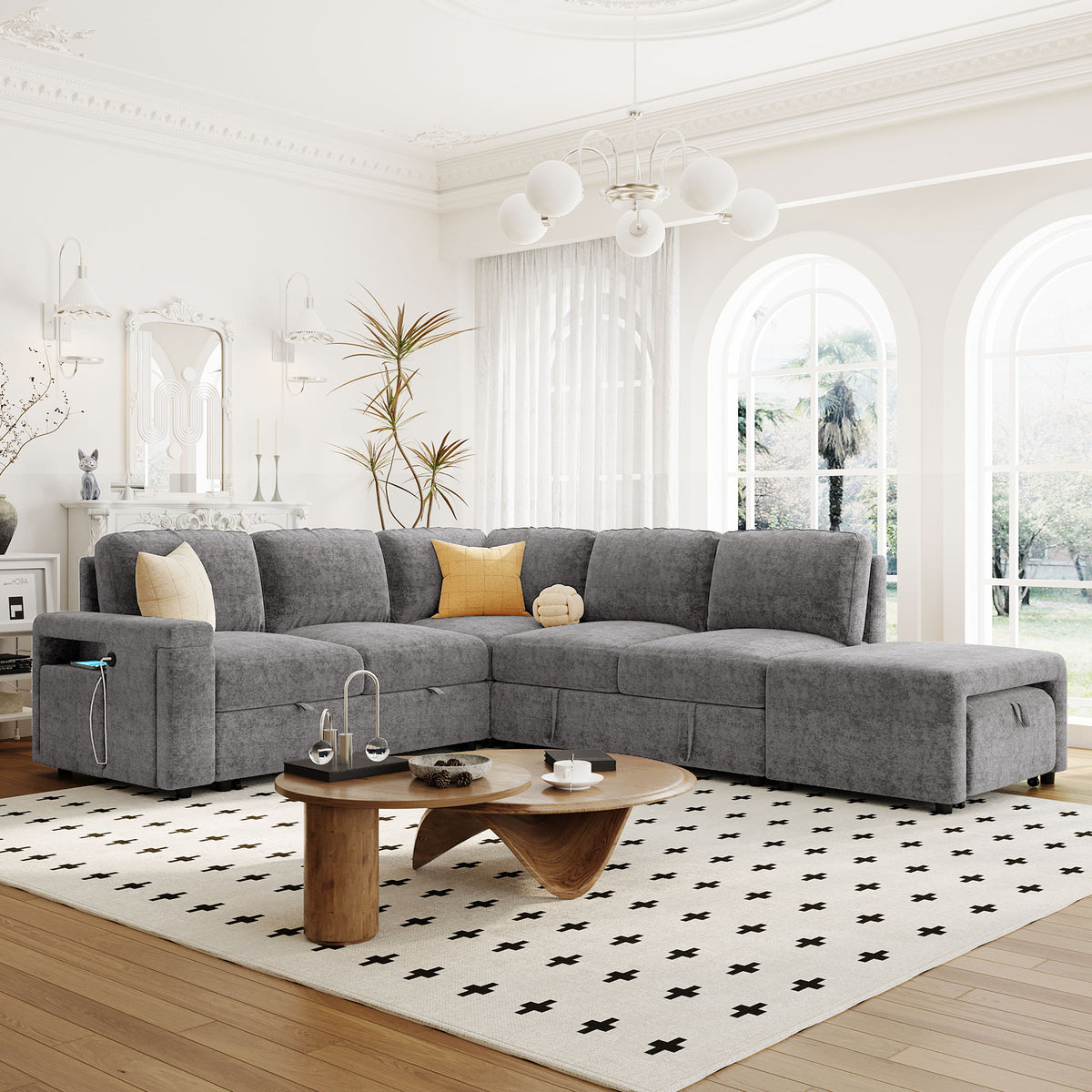 U_STYLE L-shaped Pull-Out Sofa Bed with Storage, USB Ports, and Cup Holders, Modular Design for Living Rooms, Offices & Apartments - Grand Goldman Shop