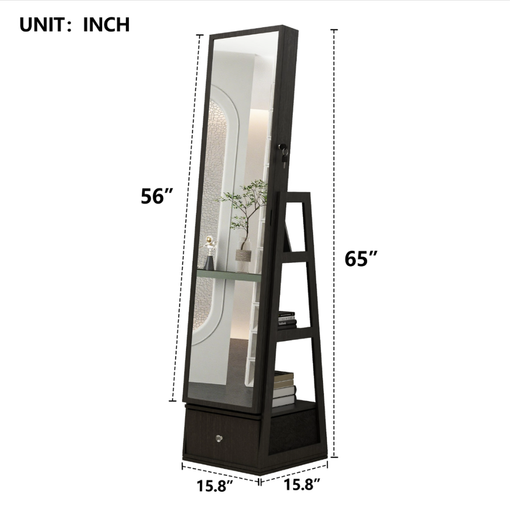 360°Swivel Jewelry Cabinet with Full Length Mirror, 360°Rotating Standing Jewelry Armoire Organizer, Lockable Storage Cabinet, Interior Lighted Mirror and Storage Drawers, Black - Grand Goldman Shop