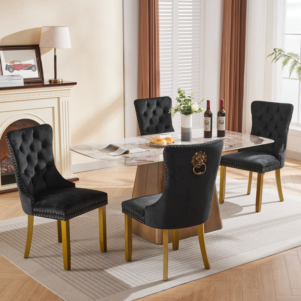 Mid-Century Modern Chairs with Lion Head Pull Ring,High-end Tufted Solid Wood Contemporary Velvet Upholstered Dining Chair with Golden Wooden Legs Nailhead Trim 2-Pcs Set,Black,SW1201BK - Grand Goldman Shop