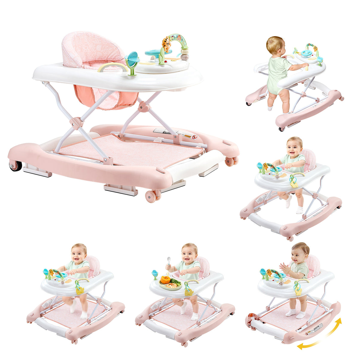 Stylish 5-in-1 Baby Walker, Folding Baby Activity Center on Wheels, Height Adjustable Rocker Bouncer Walker with Comfortable 