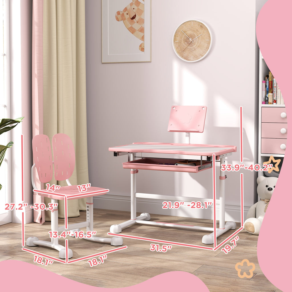 Qaba Kids Desk and Chair Set, Height Adjustable Kids School Study Desk and Chair Set with Tilt Desktop, Storage Drawer & Book