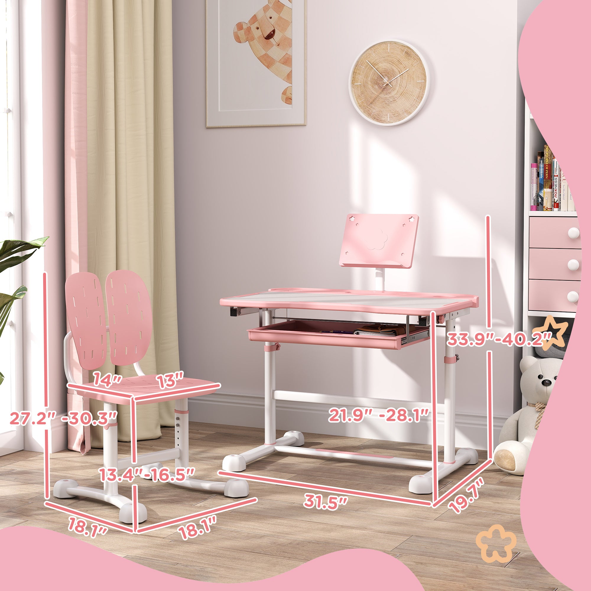 Qaba Kids Desk and Chair Set, Height Adjustable Kids School Study Desk and Chair Set with Tilt Desktop, Storage Drawer & Book
