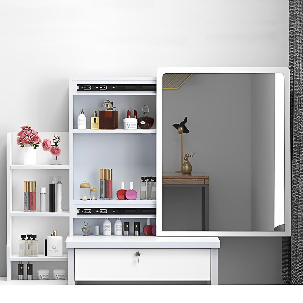 Fashion Vanity Desk with Mirror and Lights for Makeup and Chair, White MDF Vanity Set with 3 Color Adjustable LED Lighting, 4 Drawers - Grand Goldman Shop