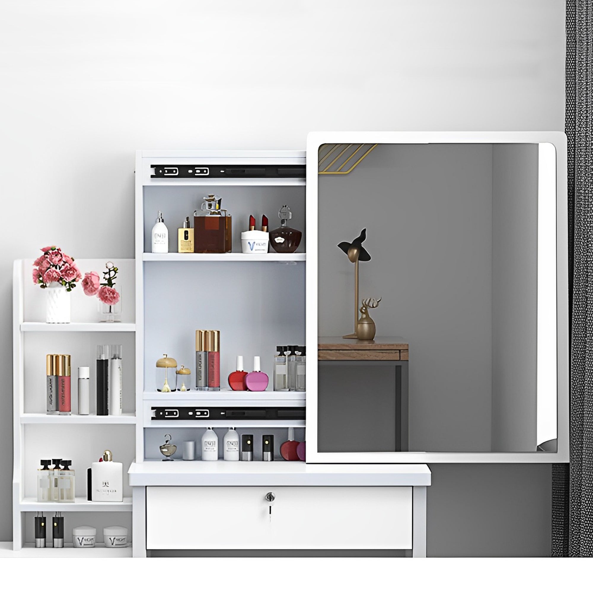 Fashion Vanity Desk with Mirror and Lights for Makeup and Chair, White MDF Vanity Set with 3 Color Adjustable LED Lighting, 4 Drawers - Grand Goldman Shop