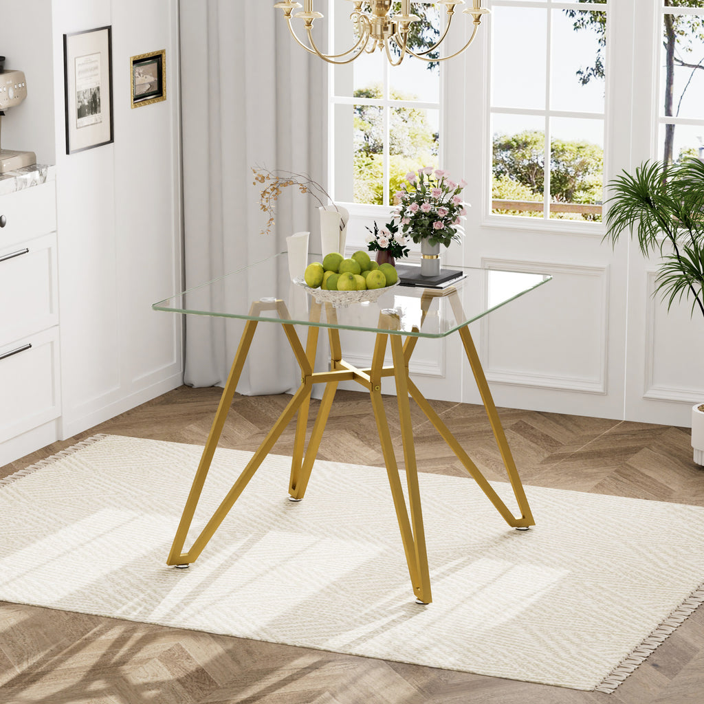 Modern Gold Glass Dining Table with Metal Legs for 2-4 People, 35.4-Inch Square - Grand Goldman Shop