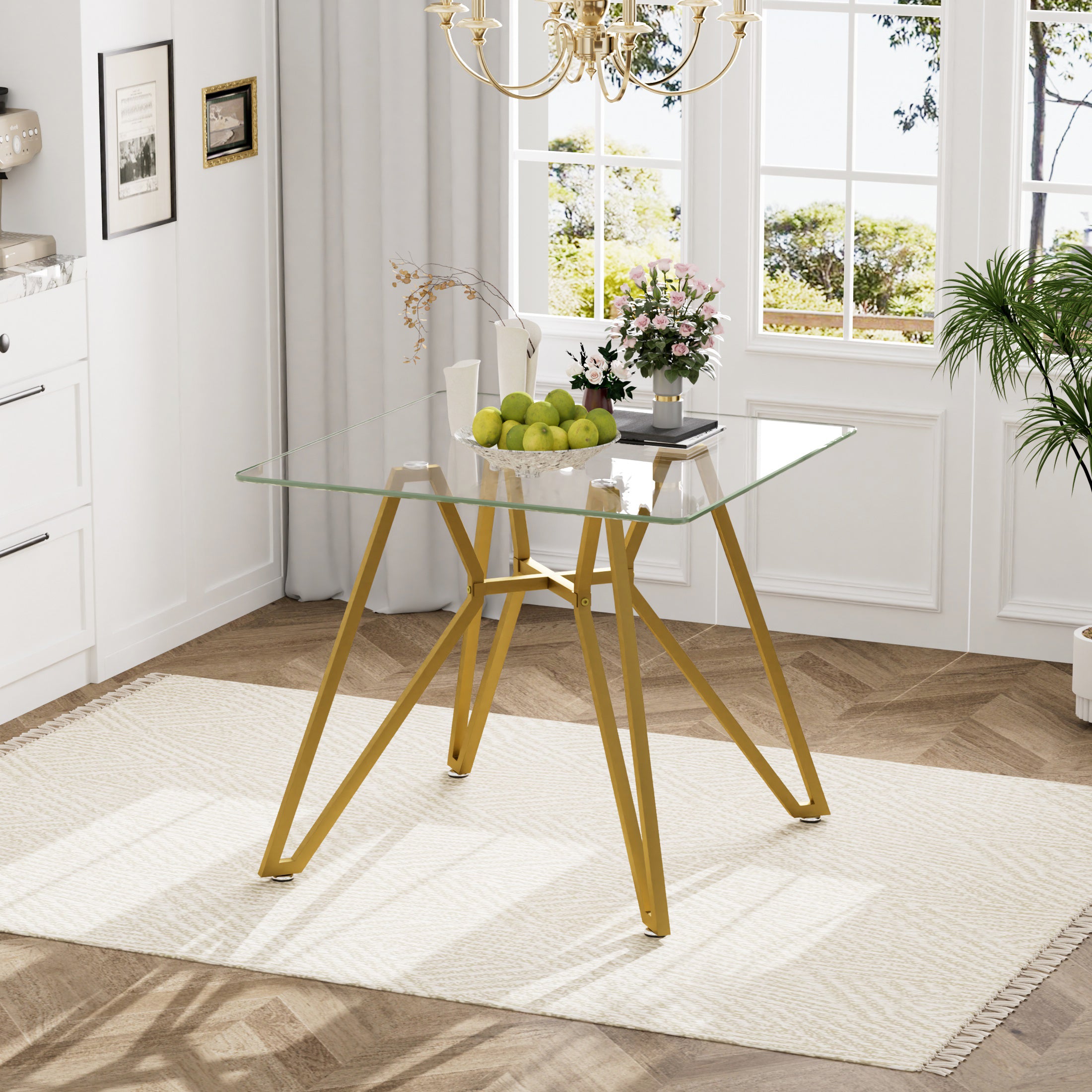Modern Gold Glass Dining Table with Metal Legs for 2-4 People, 35.4-Inch Square - Grand Goldman Shop