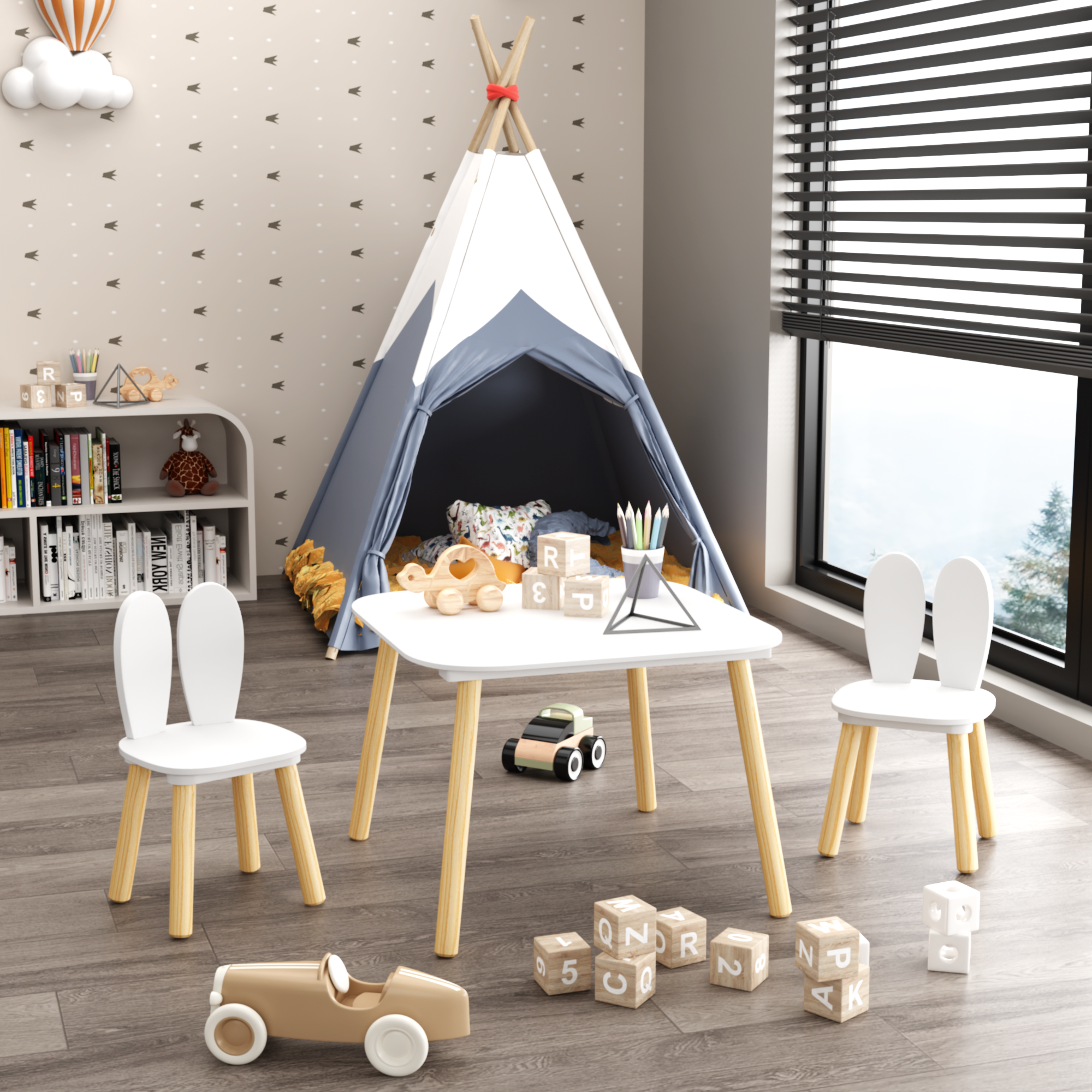 Rabbit Themed Kids Table and 2 Chairs Set, White Solid Wood & MDF Play Table with Rounded Edges, 3-Piece Toddler Furniture fo