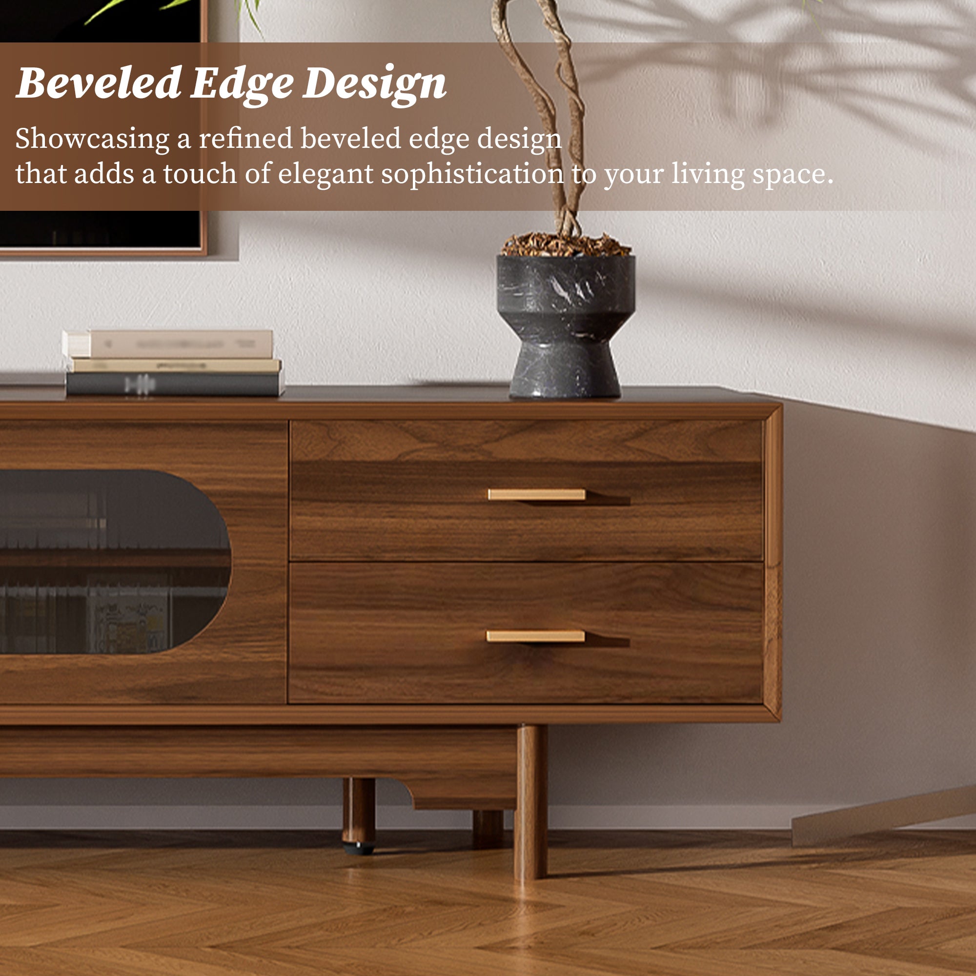 Modern TV Stand for 75-85 inch TVs with Fluted Glass Doors, 2 Drawers, Walnut Solid Wood Legs, 78.7'' L - Grand Goldman Shop