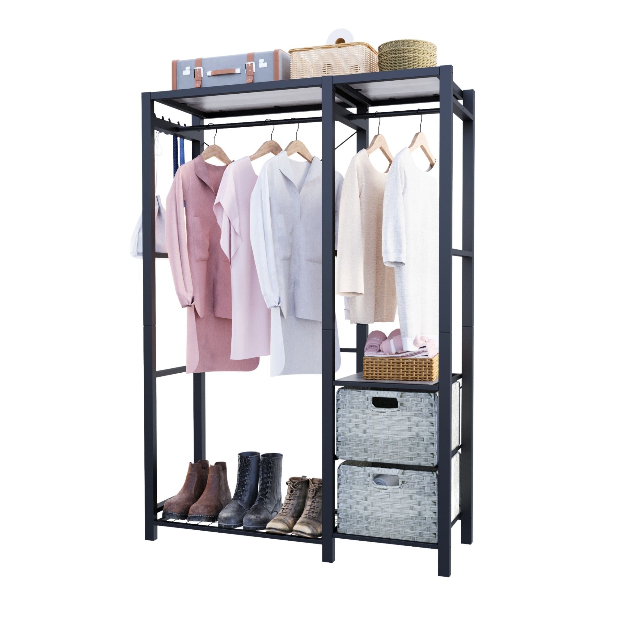 Acacia Wood Garment Rack with Shelves, 2 Wicker Drawers, 4 Hooks, Heavy Duty Closet Organizer, Light Gray - Grand Goldman Shop