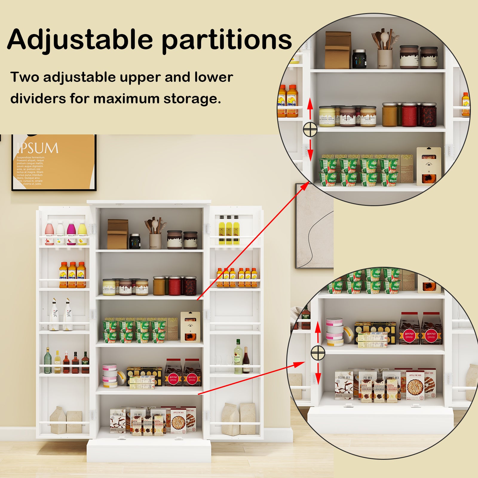 50' LED Kitchen Pantry Cabinet,Freestanding Buffet Cupboards Sideboard with 2 Doors with Racks and 2 Adjustable Shelves for Kitchen, Living Room and Dinning Room-White - Grand Goldman Shop