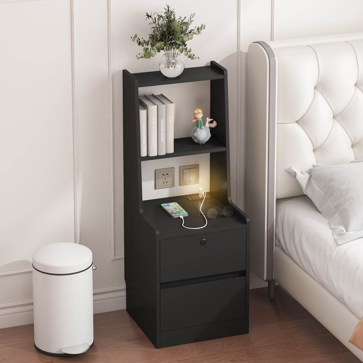 Nightstand with Charging Station, Smart Nightstand with Night Light, Modern Night Stand with Bookshelf, Bedside Tables with Storage Cabinet for Bedroom, Black - Grand Goldman Shop