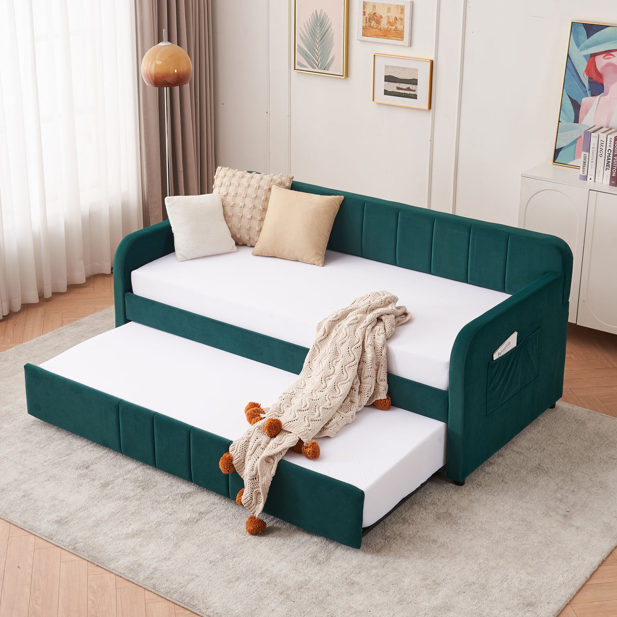 Twin Upholstered Daybed Frame with Trundle, Twin Size Sofa Bed for Bedroom Living Room Guest Room, Wood Slat Support,Emerald - Grand Goldman Shop