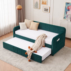 Twin Upholstered Daybed Frame with Trundle, Twin Size Sofa Bed for Bedroom Living Room Guest Room, Wood Slat Support,Emerald - Grand Goldman Shop