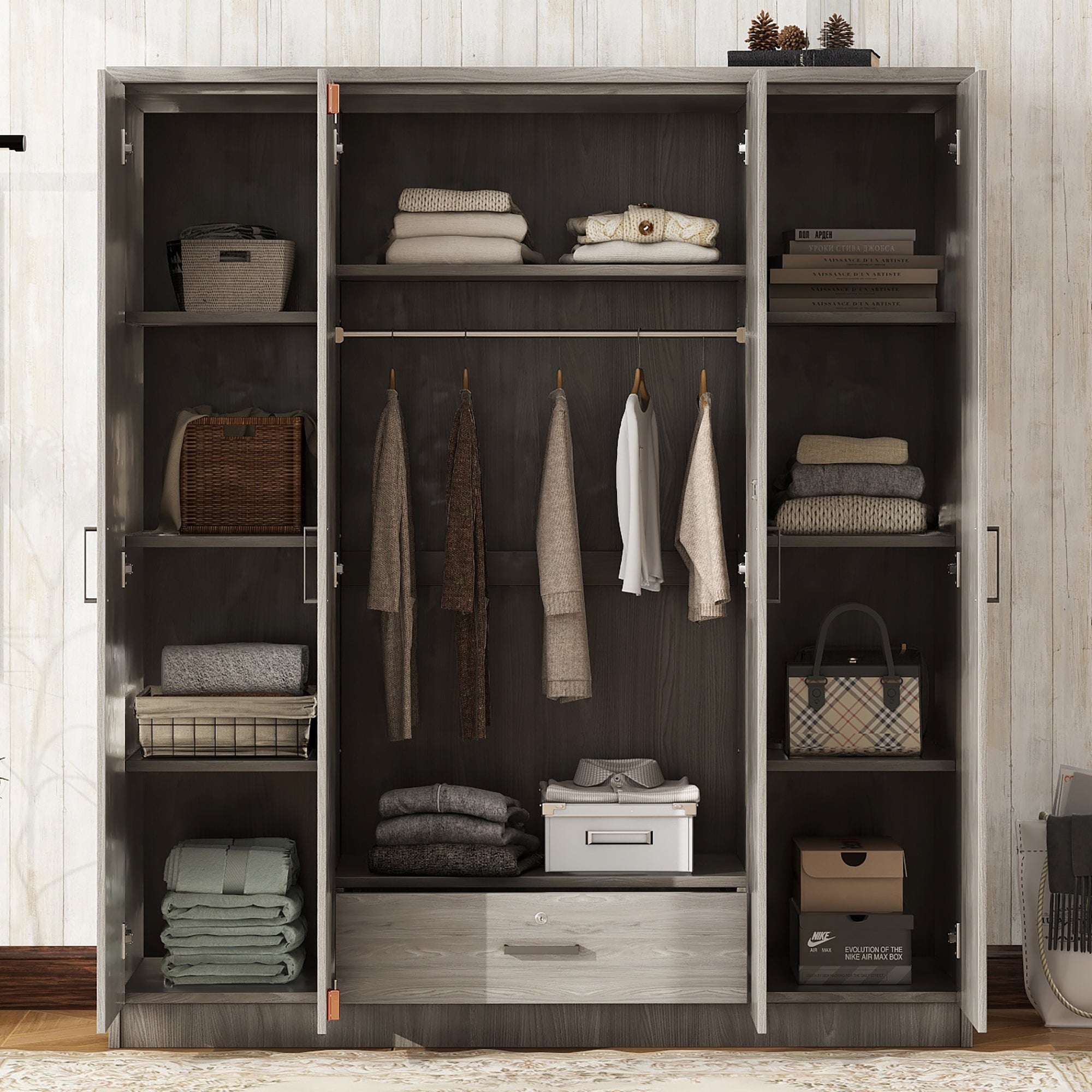 4-Door Wardrobe with 1 Drawer, Gray - Grand Goldman Shop