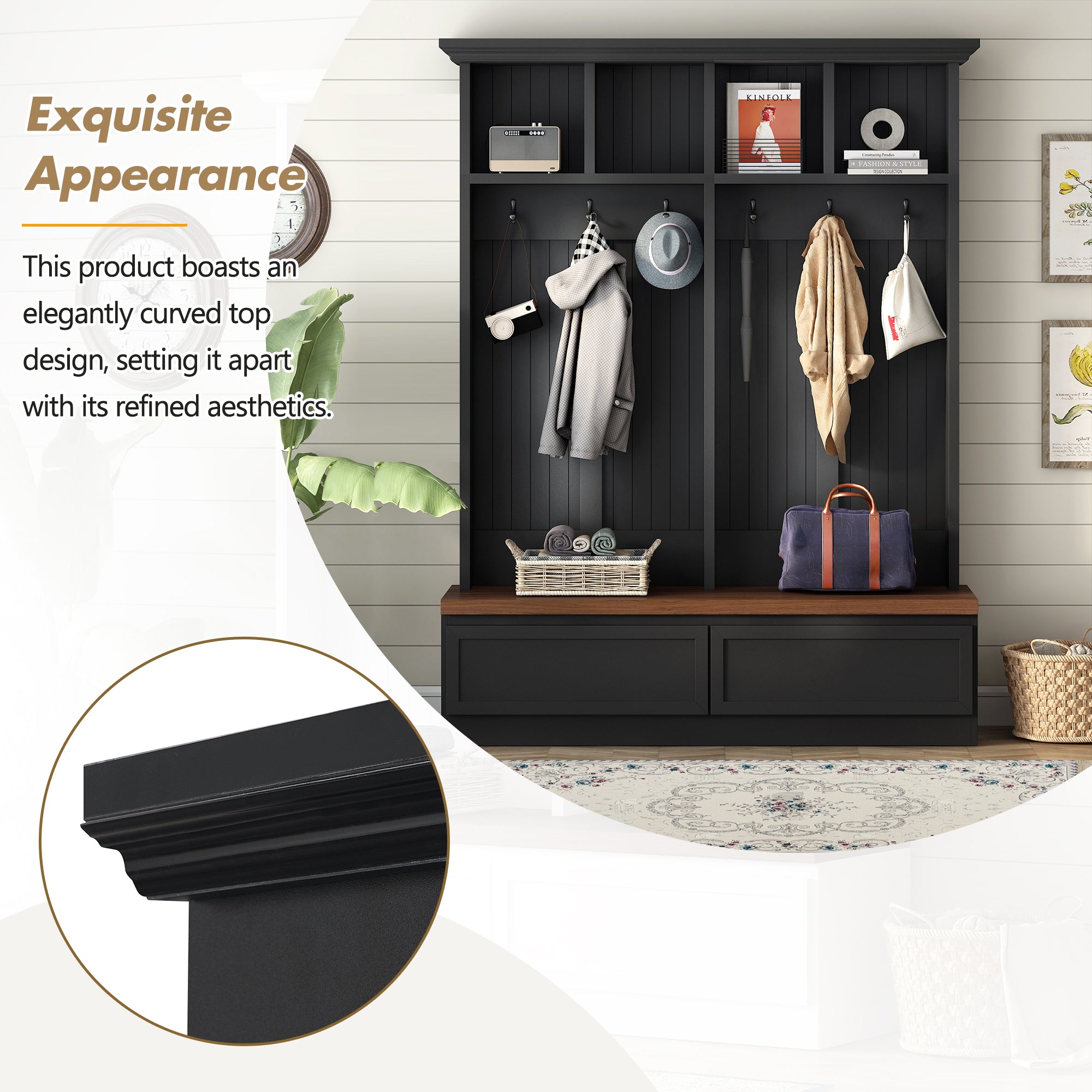 Farmhouse 4-in-1 Hall Tree with Wood Grain Bench, Mudroom Versatile Coat Rack with 2 Large Drawer, Entrance Organizer for Hallway, Living Room, Black, 55.9'W (OLD SKU: N721P313099B) - Grand Goldman Shop