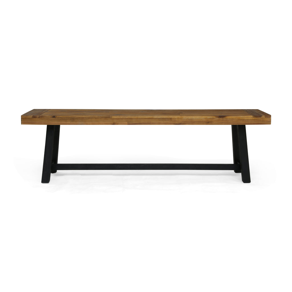 Cloud Outdoor Bench with Acacia Wood Frame and Slat Panel Design, Set of 2,Sandblast Teak Finish and Black - Grand Goldman Shop