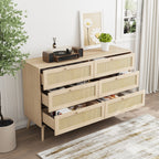 Rattan 6 Drawers Chest Of Dressers For Bedroom,  Modern 6 Drawer Dresser,  Wide Chest Of Drawers With Wood Handles,  Rattan Dresser Storage Cabinet For Living Room,  Bedroom,  Hallway - Grand Goldman Shop