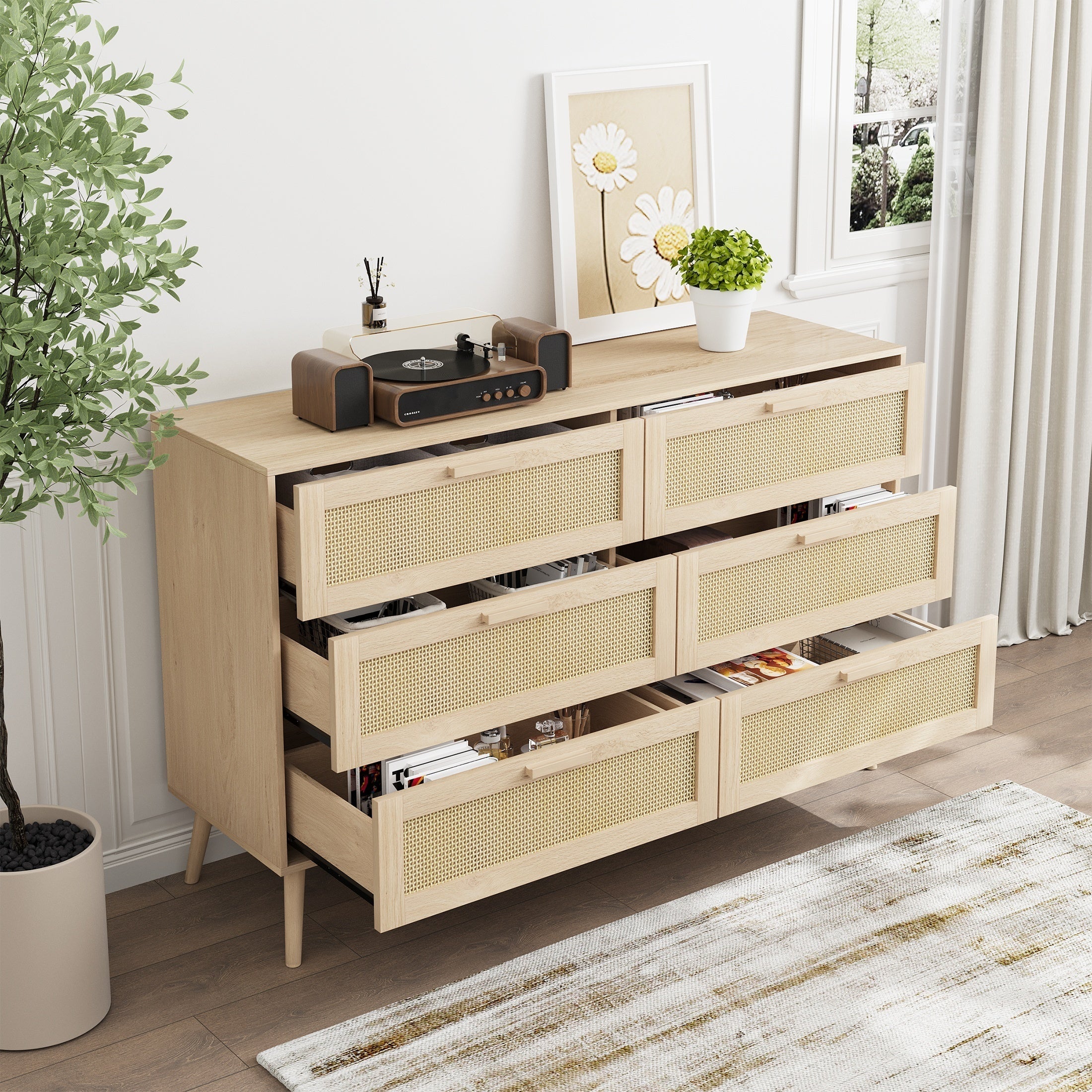 Rattan 6 Drawers Chest Of Dressers For Bedroom,  Modern 6 Drawer Dresser,  Wide Chest Of Drawers With Wood Handles,  Rattan Dresser Storage Cabinet For Living Room,  Bedroom,  Hallway - Grand Goldman Shop