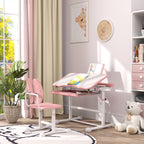 Qaba Kids Desk and Chair Set, Height Adjustable Kids School Study Desk and Chair Set with Tilt Desktop, Storage Drawer & Book