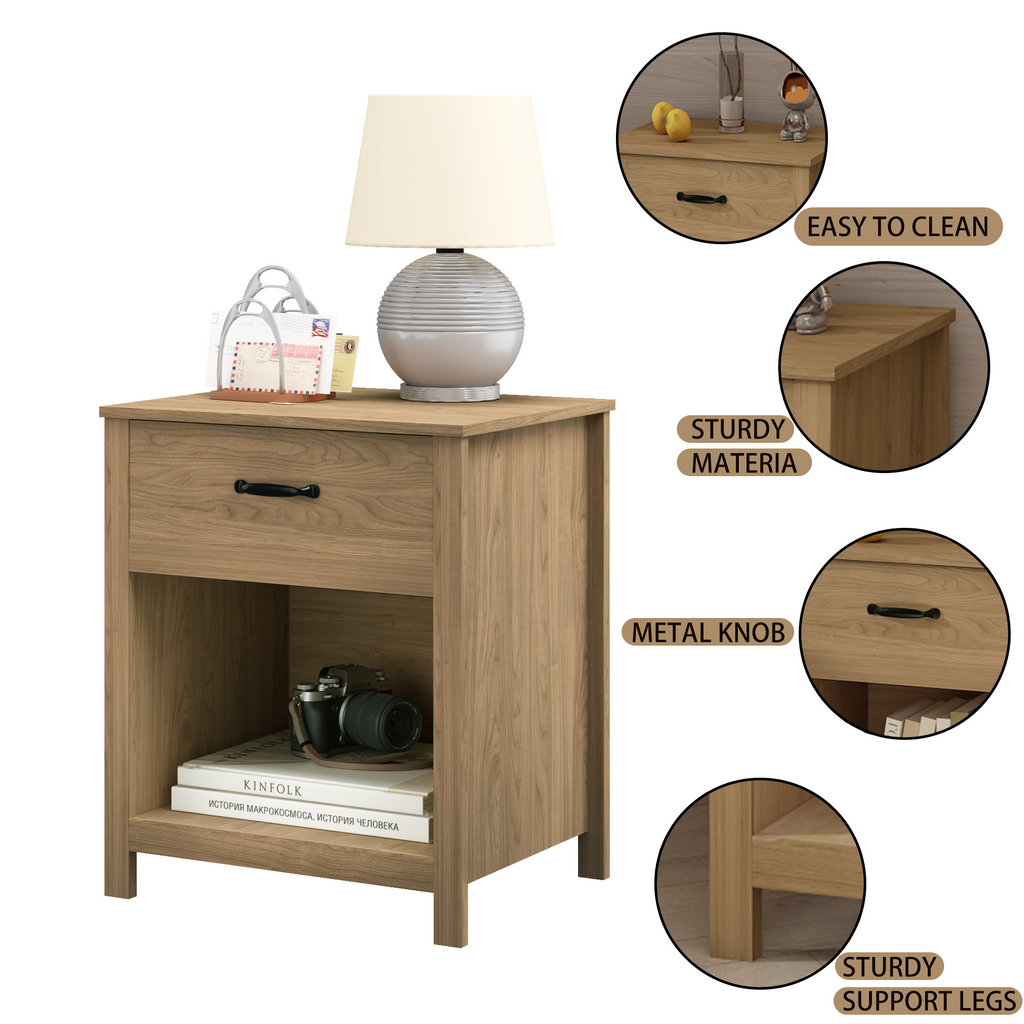 Wood Nightstand with Drawer and Open Shelf, Modern Bedside Table with Storage, Wooden End Table for Bedroom, Living Room or Apartment, Natural Finish, Brown - Grand Goldman Shop