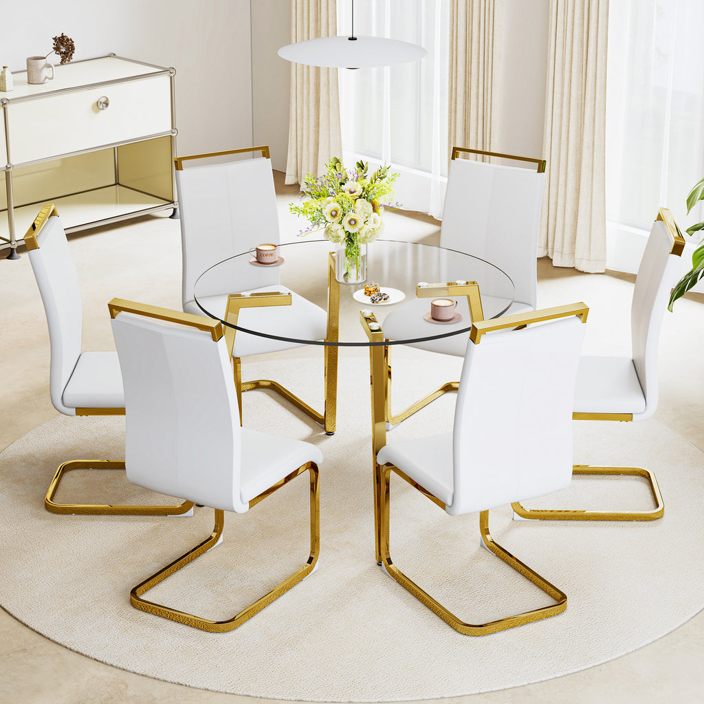 Modern minimalist style circular transparent tempered glass table, tempered glass tabletop, golden metal legs, suitable for kitchen, dining room, and living room, 42 '* 42' * 29.5 '1123r - Grand Goldman Shop
