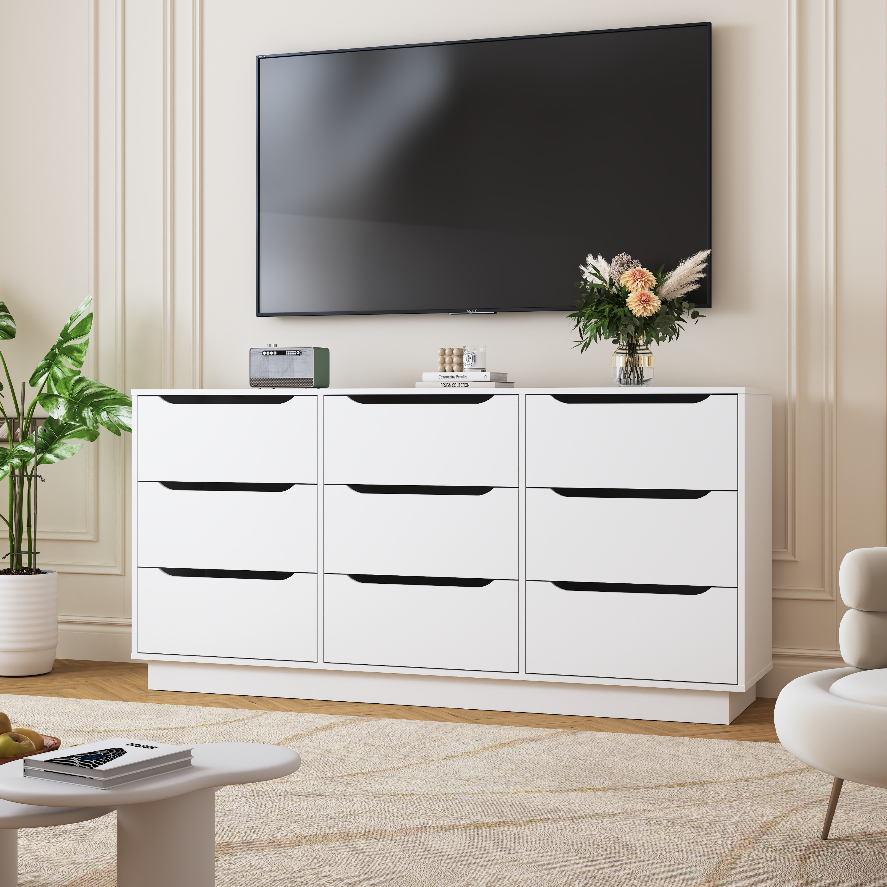 9 Drawer Dresser for Bedroom with Deep Drawers, Large Floor Wood Dressers & Chest of Drawers , Modern White Long Dressers for Closet Living Room - Grand Goldman Shop