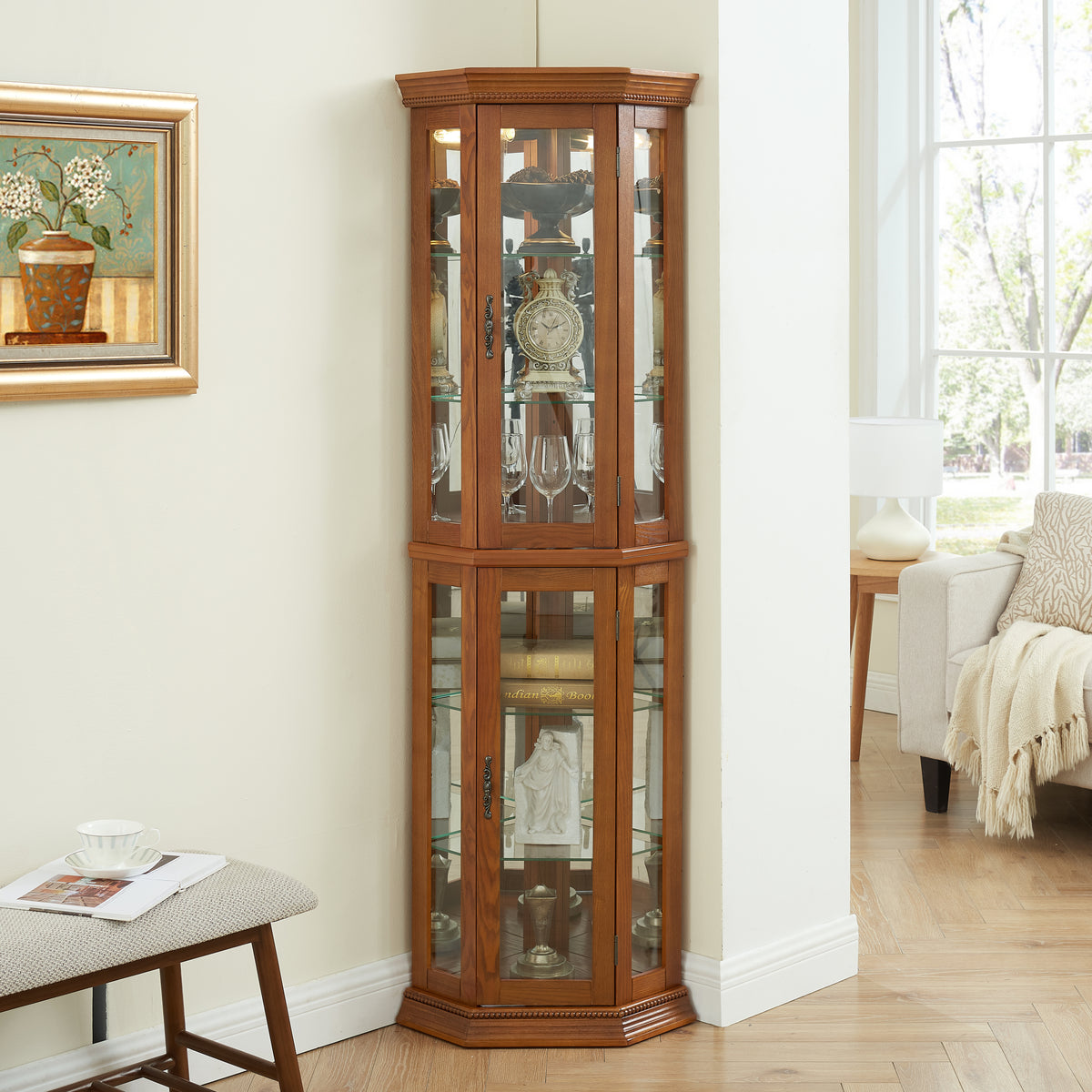 Corner Curio Cabinet Lighted Corner Display, Glass Display Shelf Shelving Bar cabinet with Tempered Glass Door, Bar Cabinet,Cabinet with Adjustable Shelf Glass Cabinet Shelves Bead Bulb Included OAK - Grand Goldman Shop