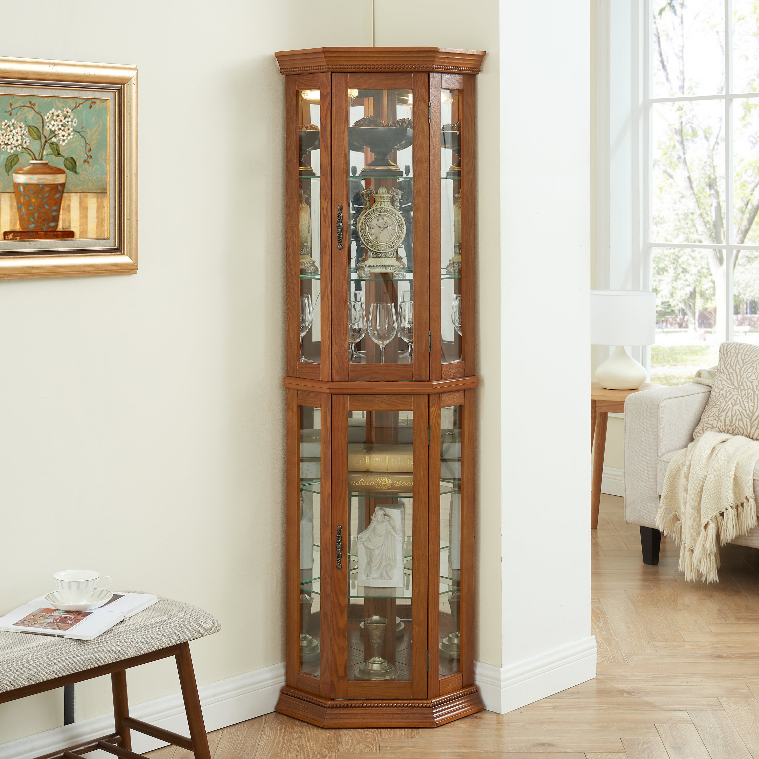Corner Curio Cabinet Lighted Corner Display, Glass Display Shelf Shelving Bar cabinet with Tempered Glass Door, Bar Cabinet,Cabinet with Adjustable Shelf Glass Cabinet Shelves Bead Bulb Included OAK - Grand Goldman Shop