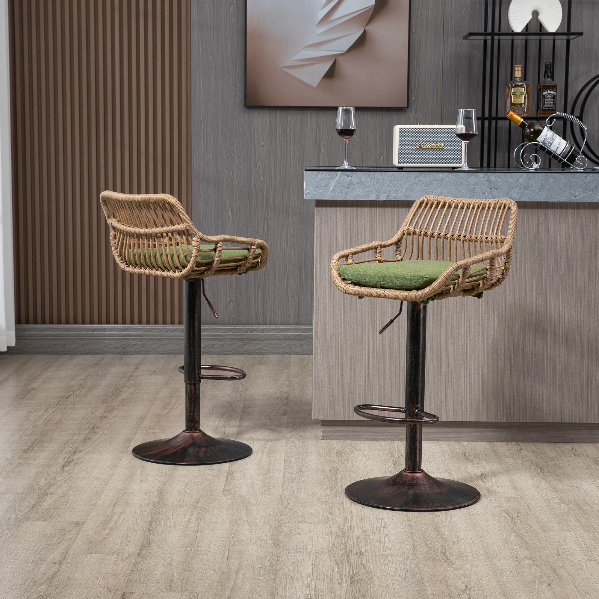 COOLMORE Modern Swivel Bar Stools Set of 2 with Adjustable Height and Footrest in Green Linen - Grand Goldman Shop