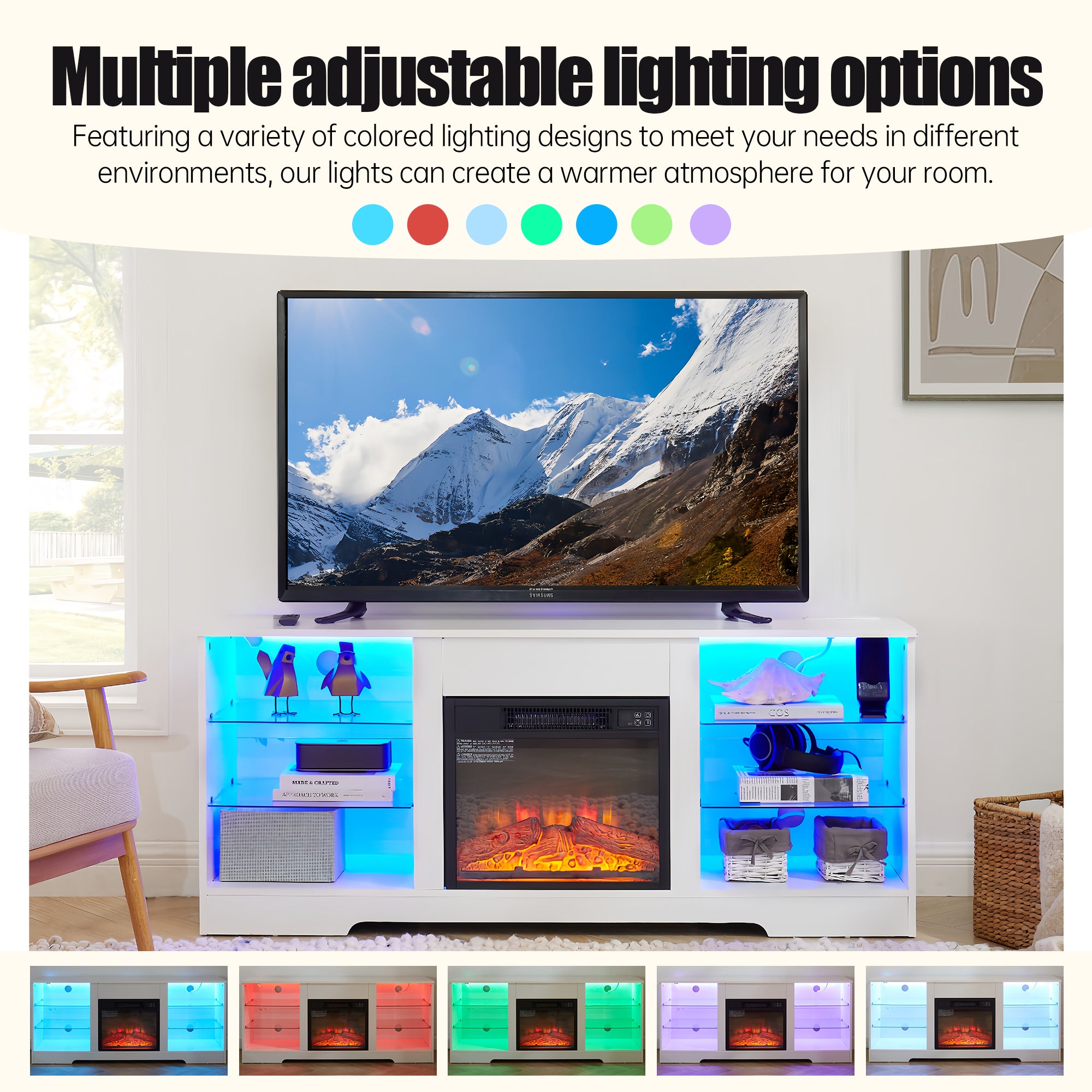 TV Stand Electric Fireplace TV Stand with Glass Shelves, 3D Fireplace TV Stand with LED Lights Wood with USB Charging Outlet Modern Television Table Center for TV up to 32-62' White 58''W*15.4''D*24.6 - Grand Goldman Shop