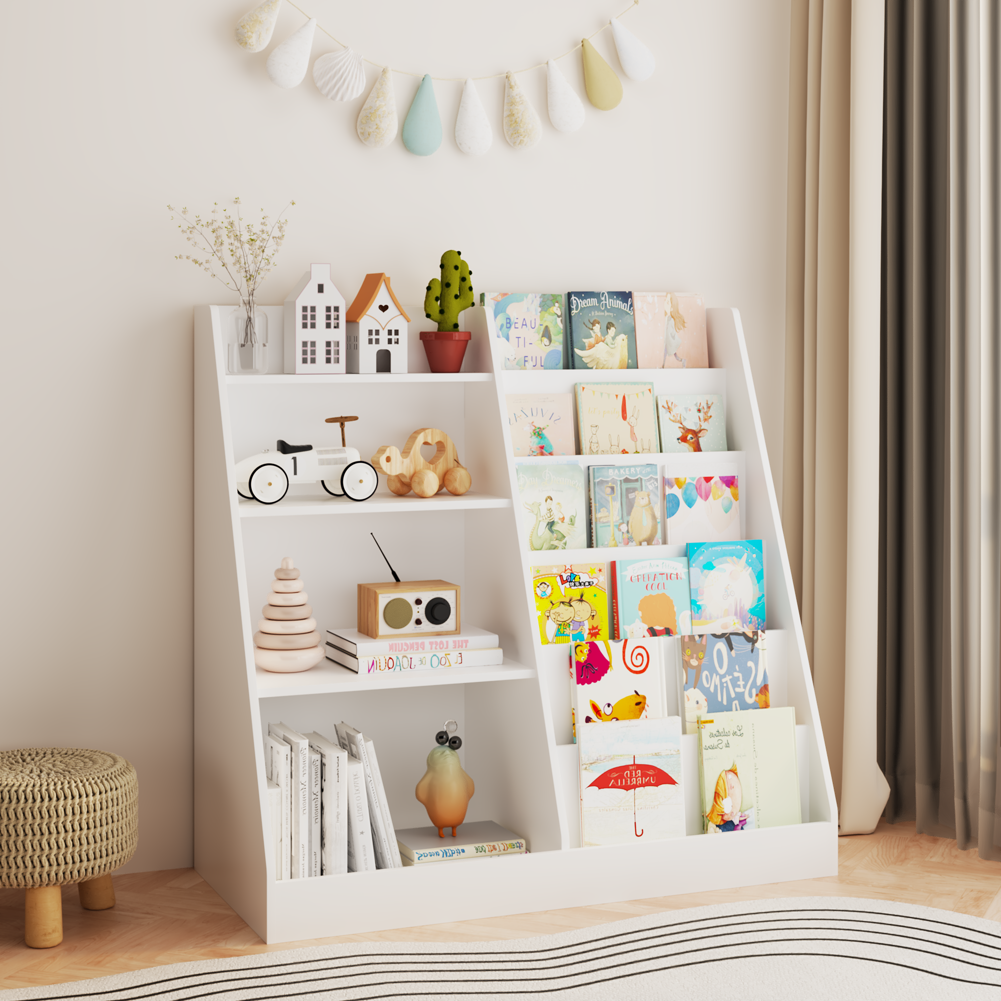 New Kids Bookshelf and Toy Storage Organizer, Multifunctional 4 Tier Wooden Kids Book Shelf with  Bookcase Display Stand in K