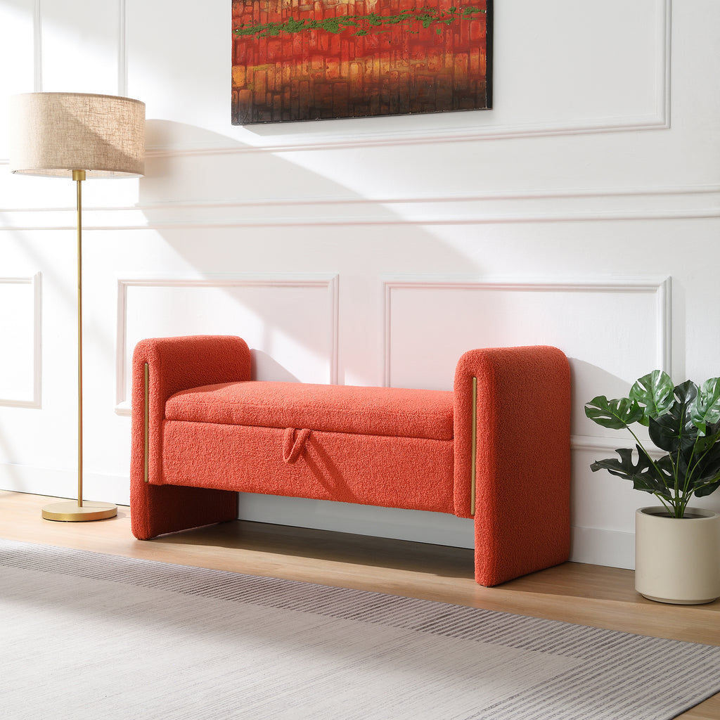 Modern Teddy Bed End Bench with Arms and Storage, Upholstered Orange Foot Rest Stool for Living Room, Bedroom, Dorm, Comfy Window Vanity Bench - Grand Goldman Shop