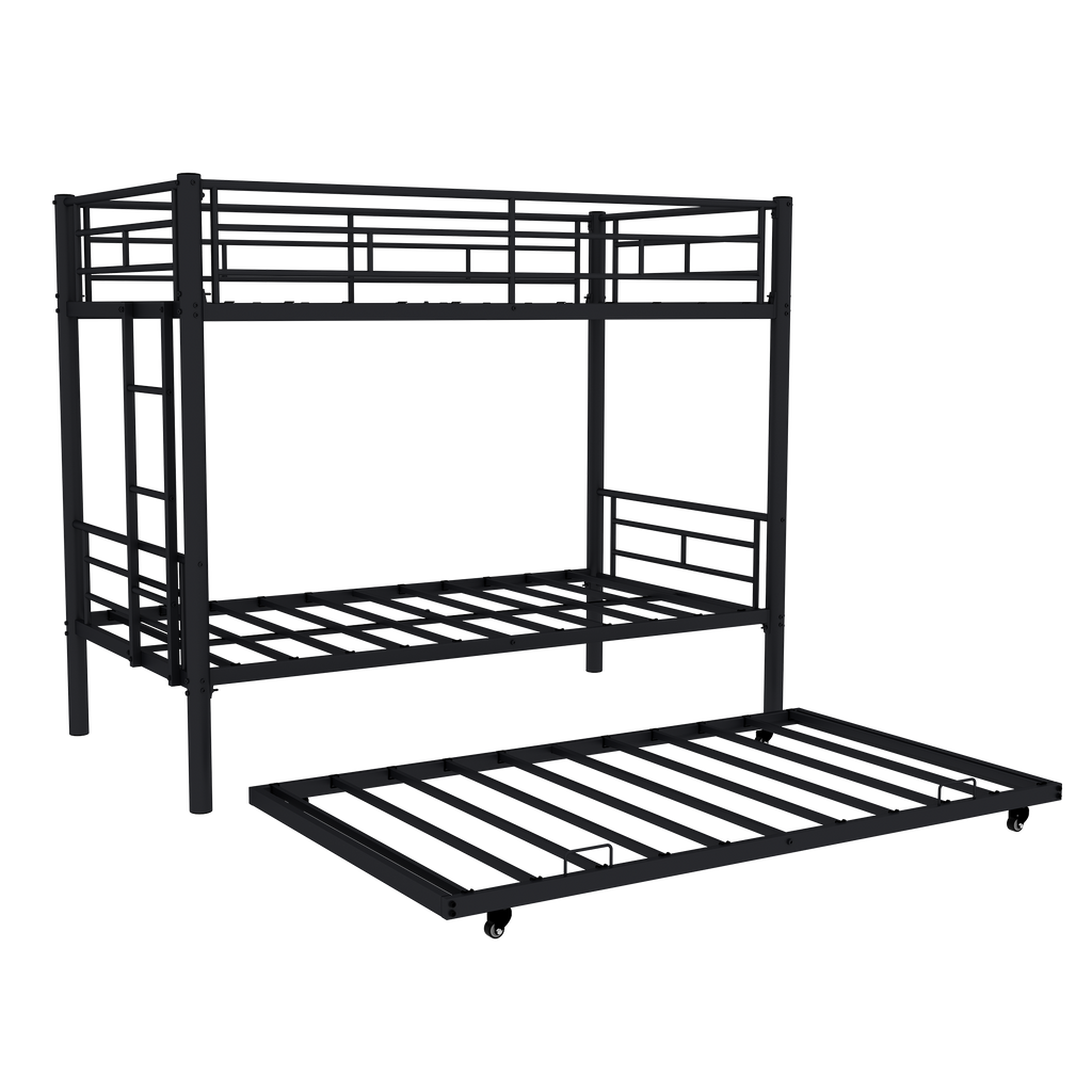 Heavy-duty Sturdy Metal Twin over Twin Bunk Bed with Noise Reduction, Safety Guardrail, No Box Spring Needed, Black - Grand Goldman Shop