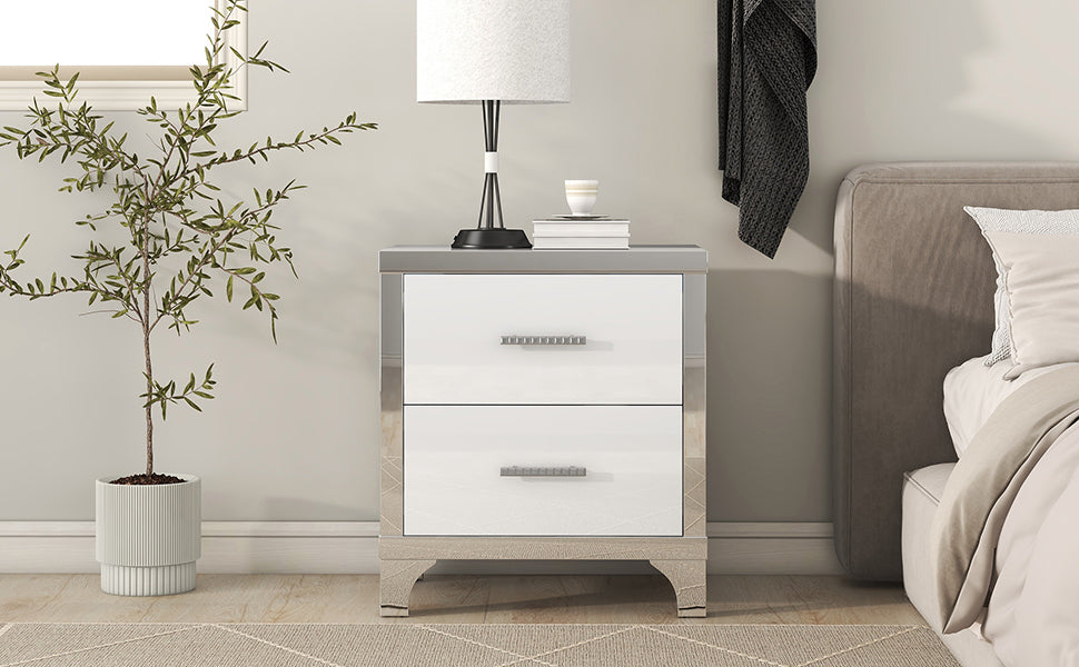 Elegant High Gloss Nightstand with Metal Handle,Mirrored Bedside Table with 2 Drawers for Bedroom,Living Room,White - Grand Goldman Shop