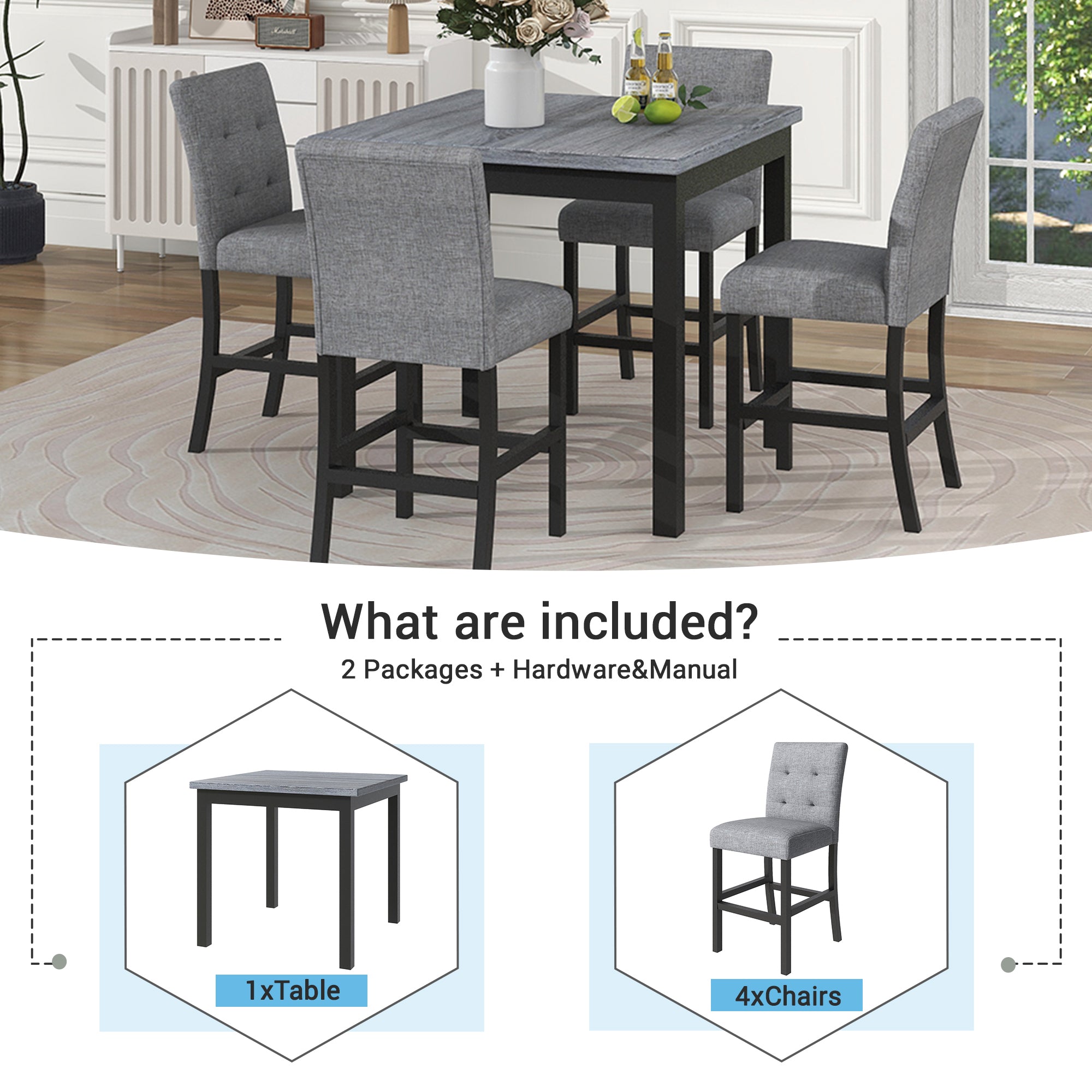 TOPMAX 5-Piece Counter Height Dining Set Wood Square Dining Room Table and Chairs Stools w/Footrest & 4 Upholstered high-back Chairs,Black - Grand Goldman Shop