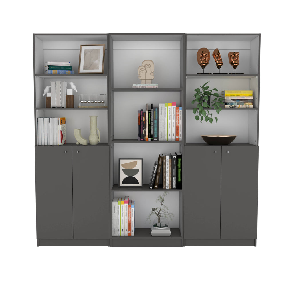 Hialeah 3 Piece Home Bookcase set, 74' Wide with 10 Shelves and Two Double-Door Cabinet ,  Living Room Set  Matt Gray / White