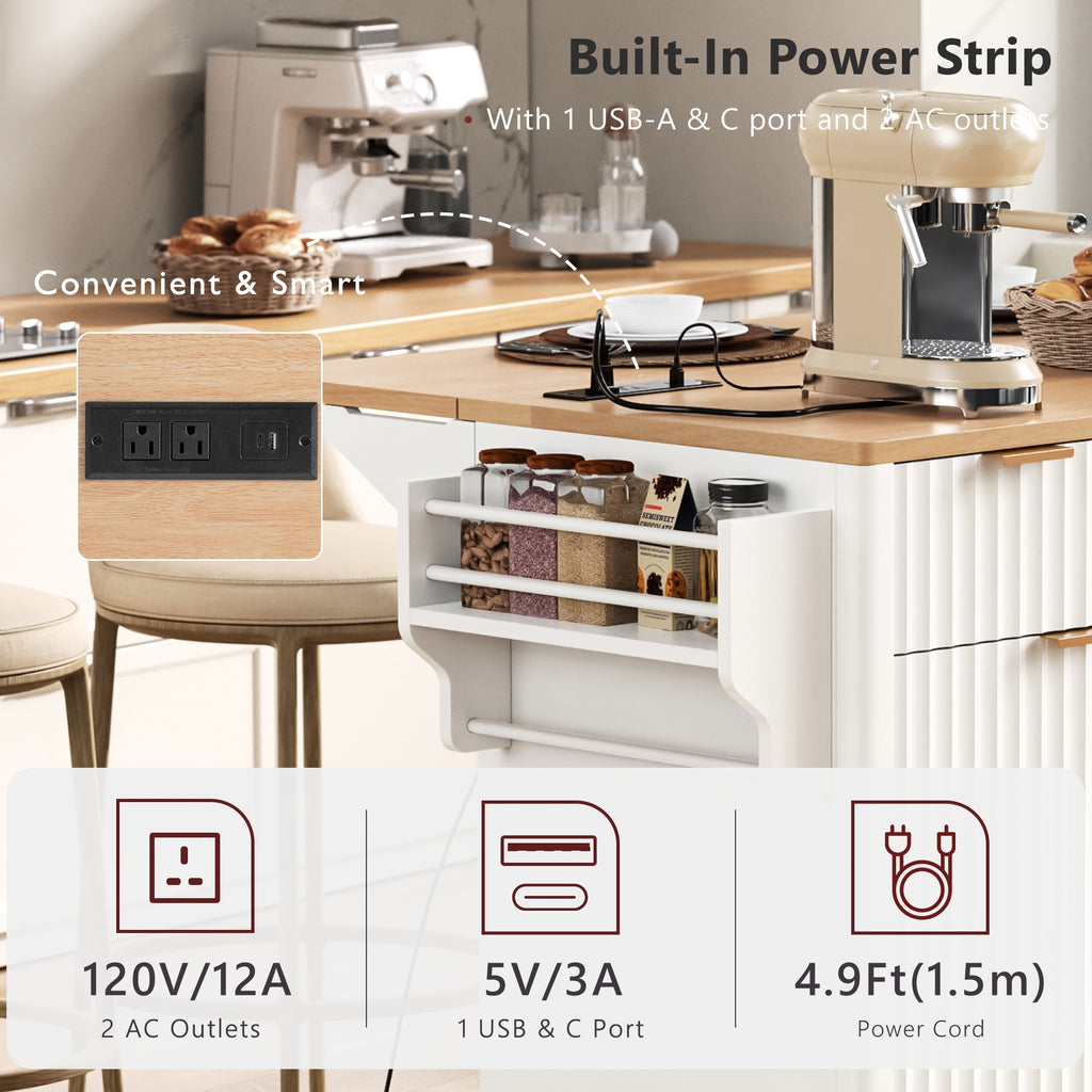 K&K Fluted Kitchen Island with Storage, 55.5' Kitchen Island with Drop Leaf, Power Outlet, 4 Doors and 3 Drawers, Rolling Island Table with Wood-grain Top, Curved Edge for Kitchen,Dining Room White - Grand Goldman Shop