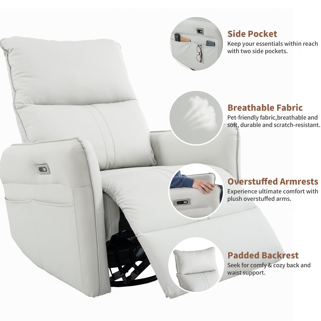 270° Power Swivel Rocker Recliner Chair, PU Leather Electric Glider Reclining Sofa with USB Ports, Power Swivel Glider, Rocking Chair,Nursery Recliners for Living Room Bedroom(Light Gray+270°Swivel) - Grand Goldman Shop