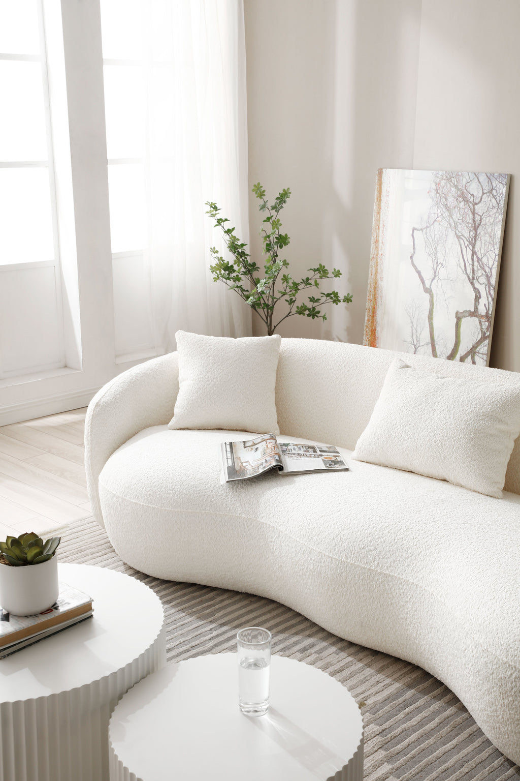 Mid Century Modern Curved Living Room Sofa, 4-Seat Boucle Fabric Couch for Bedroom, Office, Apartment, off white(beige and white) - Grand Goldman Shop