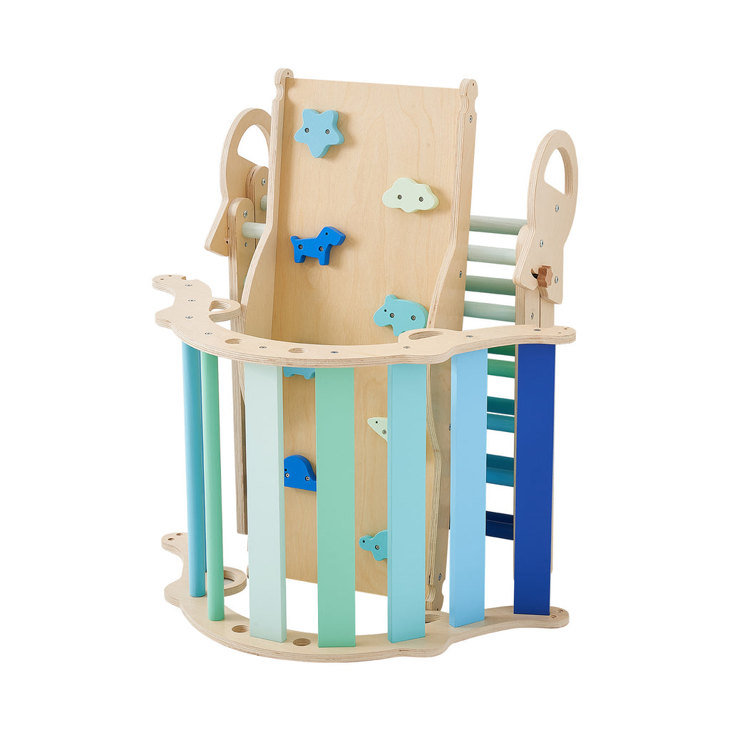 Pikler Triangle Set, 9-in-1 Toddler Climbing Toys Indoor, with 2 Wooden Cars, Cushion, Triangle, Arch, and Ramp, 150 lbs Load