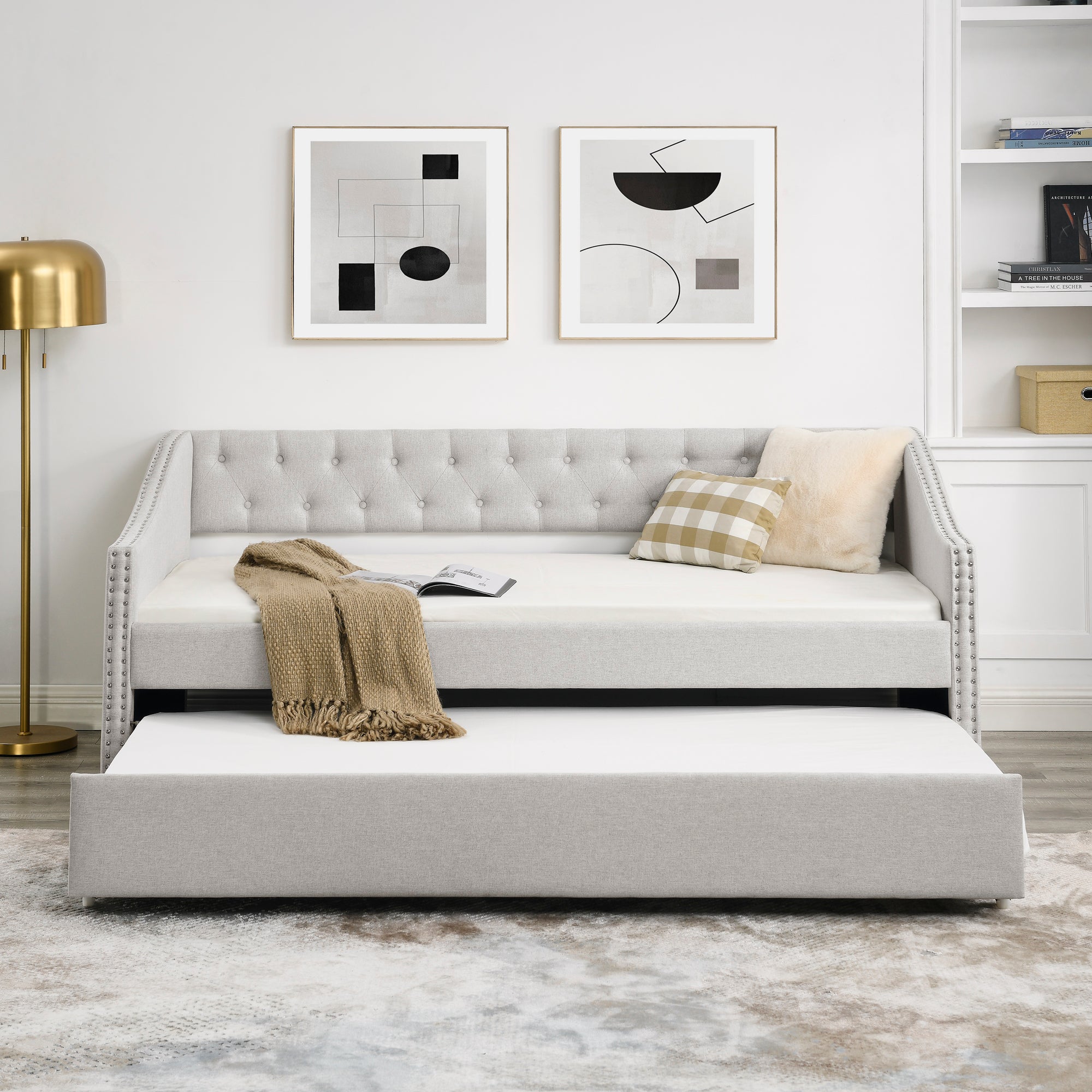 Beige Upholstered Tufted Twin Daybed with Trundle, Copper Nail-Trimmed Waved Arms, Eucalyptus Wood Frame, 80.5'x41'x30.5' - Grand Goldman Shop