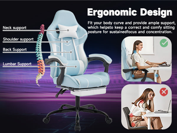 Gaming chair, Computer Chair Ergonomic Chair with Footrest Office Chair Ergonomic Computer Chair with Lumbar Backrest Bluewhi