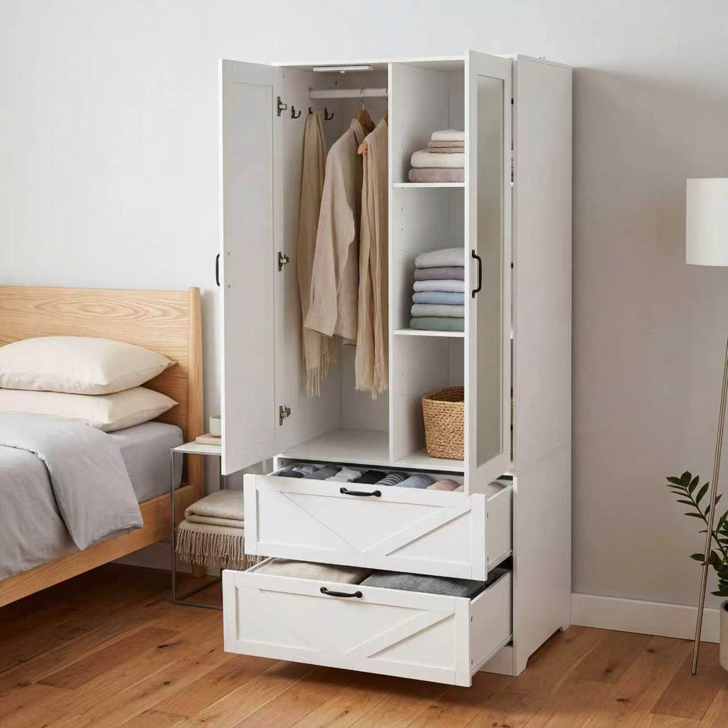 2 Door Wood Wardrobe for Bedroom with Hanging Clothing Rod inside the Cabinet and 2 Drawers for Storage Organization, Built-in induction light Multifunctional Closet with Mirror, White - Grand Goldman Shop
