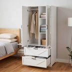 2 Door Wood Wardrobe for Bedroom with Hanging Clothing Rod inside the Cabinet and 2 Drawers for Storage Organization, Built-in induction light Multifunctional Closet with Mirror, White - Grand Goldman Shop