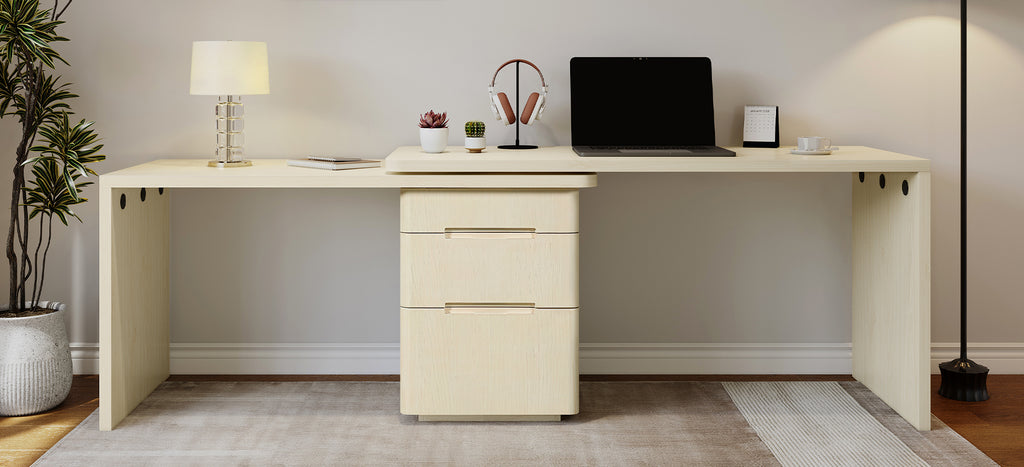 90' Modern L Shaped Desk in Natural Wood with 3 Drawers,360° Wood Rotating Desk,Executive Office Desk,Corner Desk,Office Stud