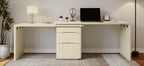 90' Modern L Shaped Desk in Natural Wood with 3 Drawers,360° Wood Rotating Desk,Executive Office Desk,Corner Desk,Office Stud
