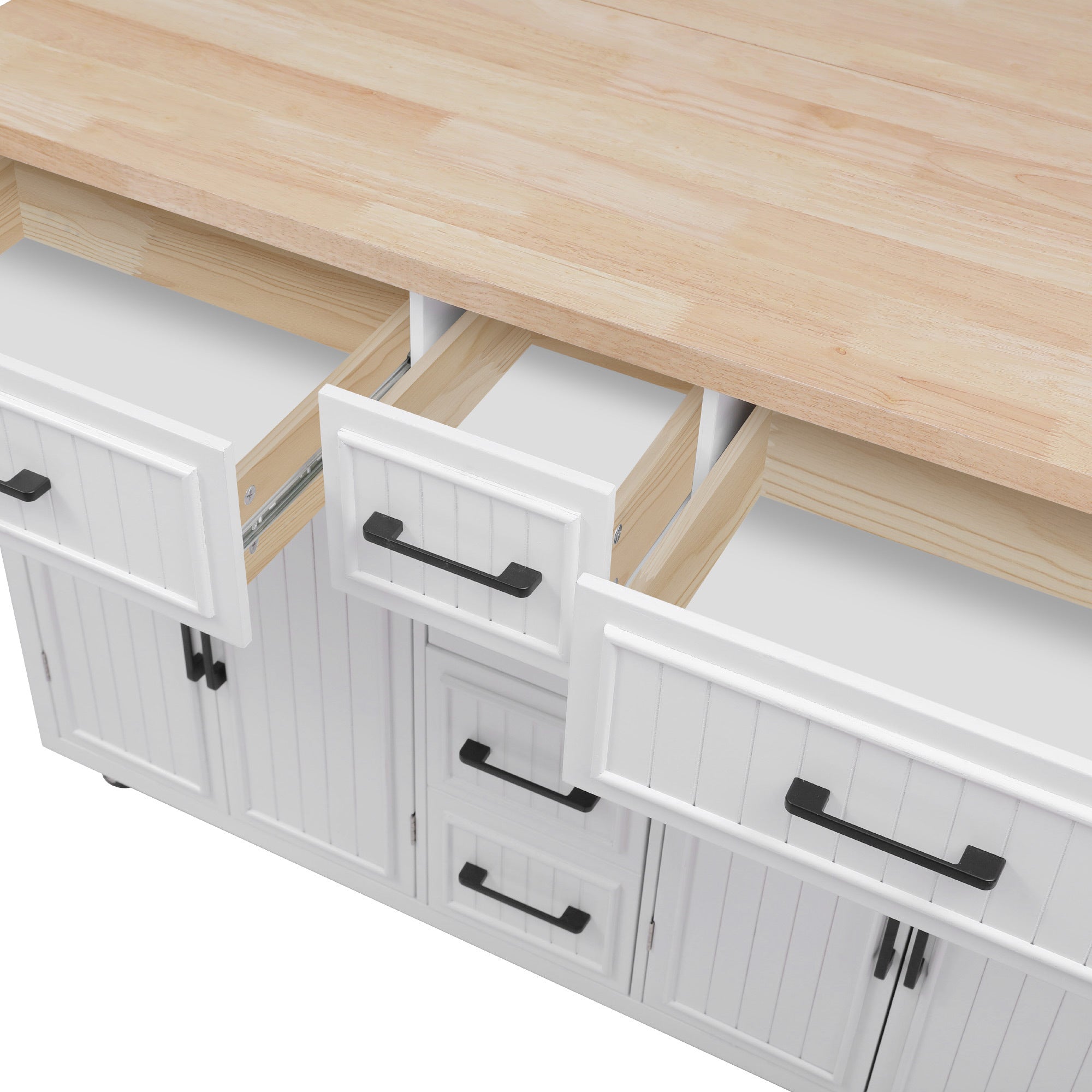 K&K 56.5'' Kitchen Island with Drop Leaf, Power Outlet, Embossed Vertical Stripe Rolling Kitchen Cart on Wheels with 4 Doors , 5 Deep Drawers and Adjustable Shelves, for Kitchen, Dining Room, White - Grand Goldman Shop