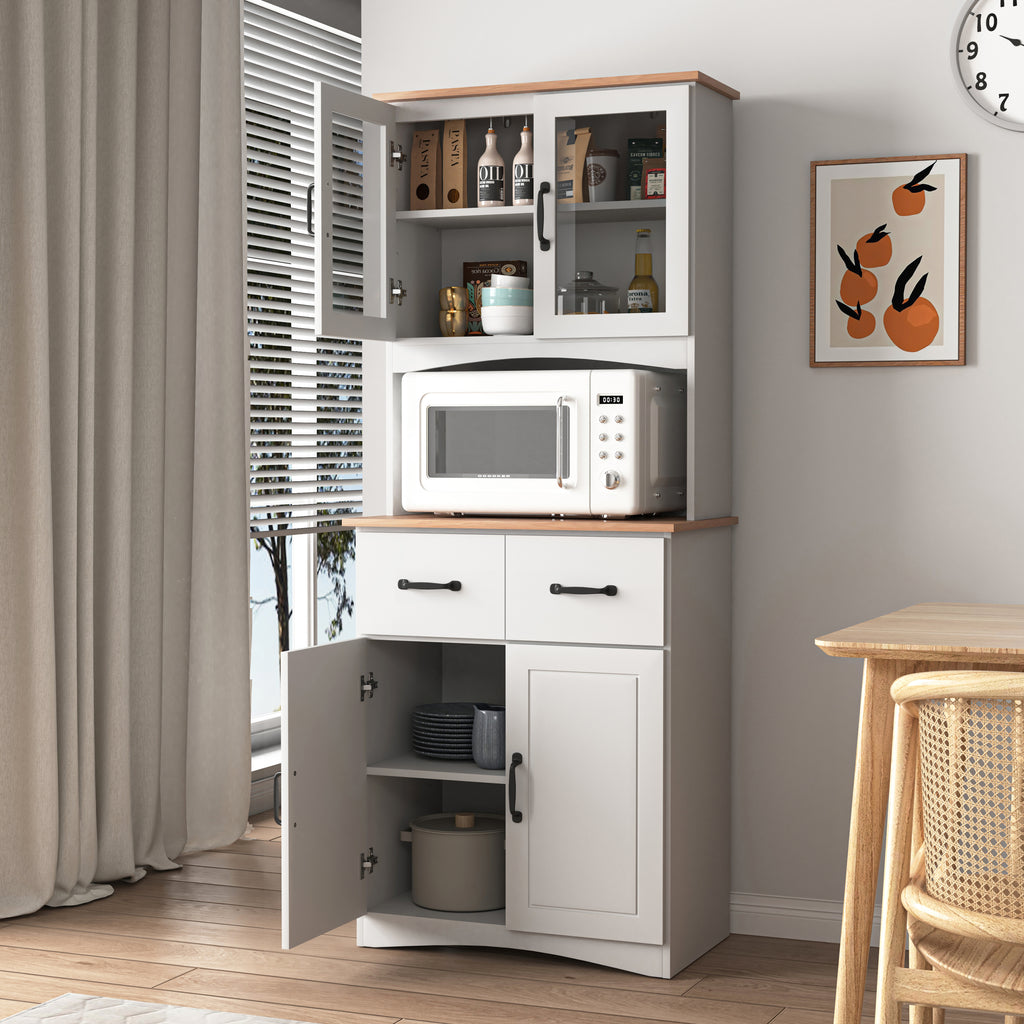 Wooden Kitchen Cabinet White Pantry Room Storage Microwave Cabinet with Framed Glass Doors and Drawer - Grand Goldman Shop