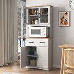 Wooden Kitchen Cabinet White Pantry Room Storage Microwave Cabinet with Framed Glass Doors and Drawer - Grand Goldman Shop