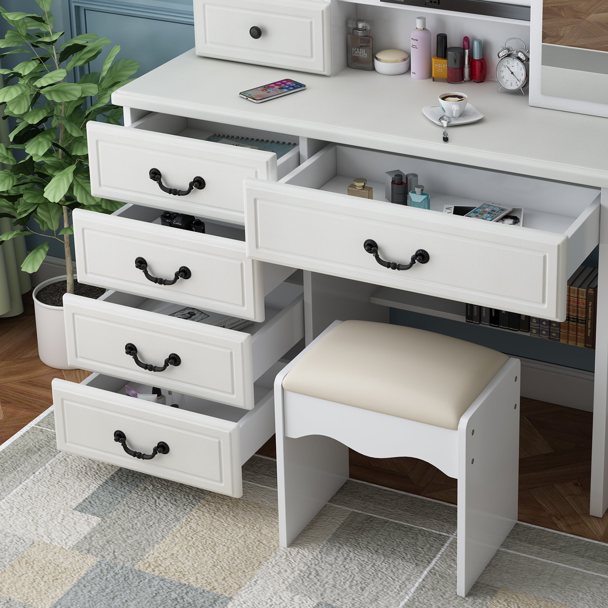 Fashion Vanity Desk with Mirror and Adjustable Lighting in White MDF, 6 Drawers, 3 Color Light Modes - Grand Goldman Shop